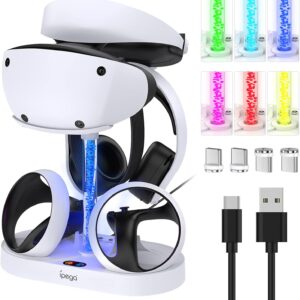 Ladestation für PS VR2 mit RGB-Licht, GORIXER Vertikale Ladestation Dock-Unterstützung für PSVR2 Headset-Display-Zubehör für Playstation VR2 mit 4 Typ-C-Magnetadaptern für Sense Controller