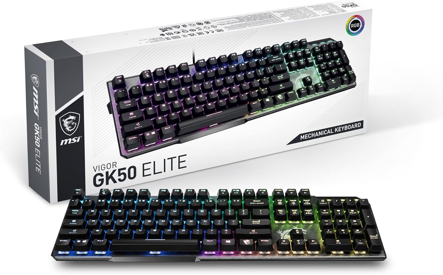 MSI Vigor GK50 Elite Box White Mechanische Gaming-Tastatur, AZERTY FR, Clicky-Switches, ergonomisch, gebürstetes Metall-Finish, rutschfeste Basis, RGB durch Mystic Light-Taste, USB 2.0, Größe