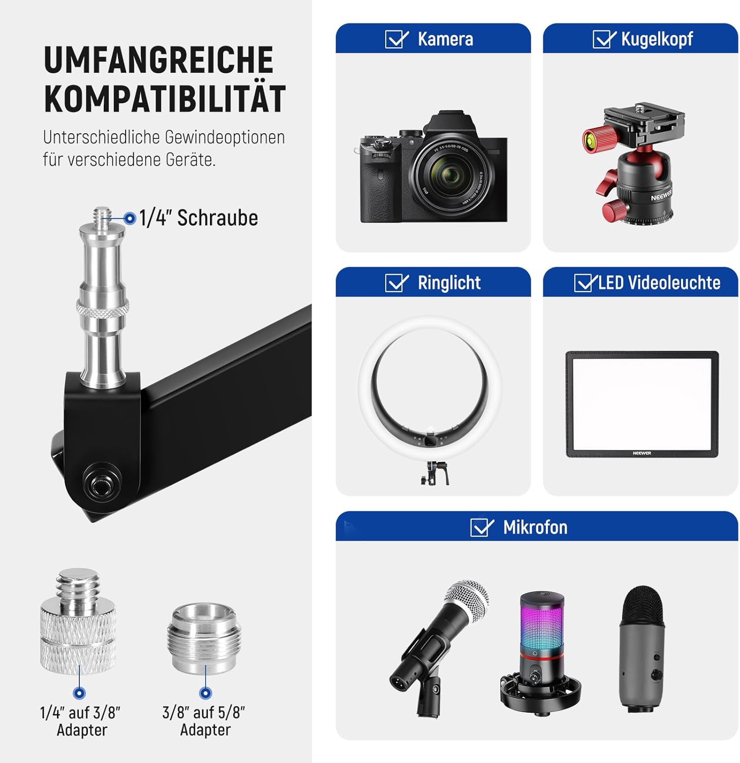 NEEWER Tisch Kameraständer, Überkopf Telefon Webcam Halterung, 4 flexiblen Gelenkarmen, 3/8", 1/4", 5/8" Schrauben für Mikrofon, LED Licht, Videoaufzeichnung, Live Streaming, Podcasting, Gaming, ST004 – Bild 4