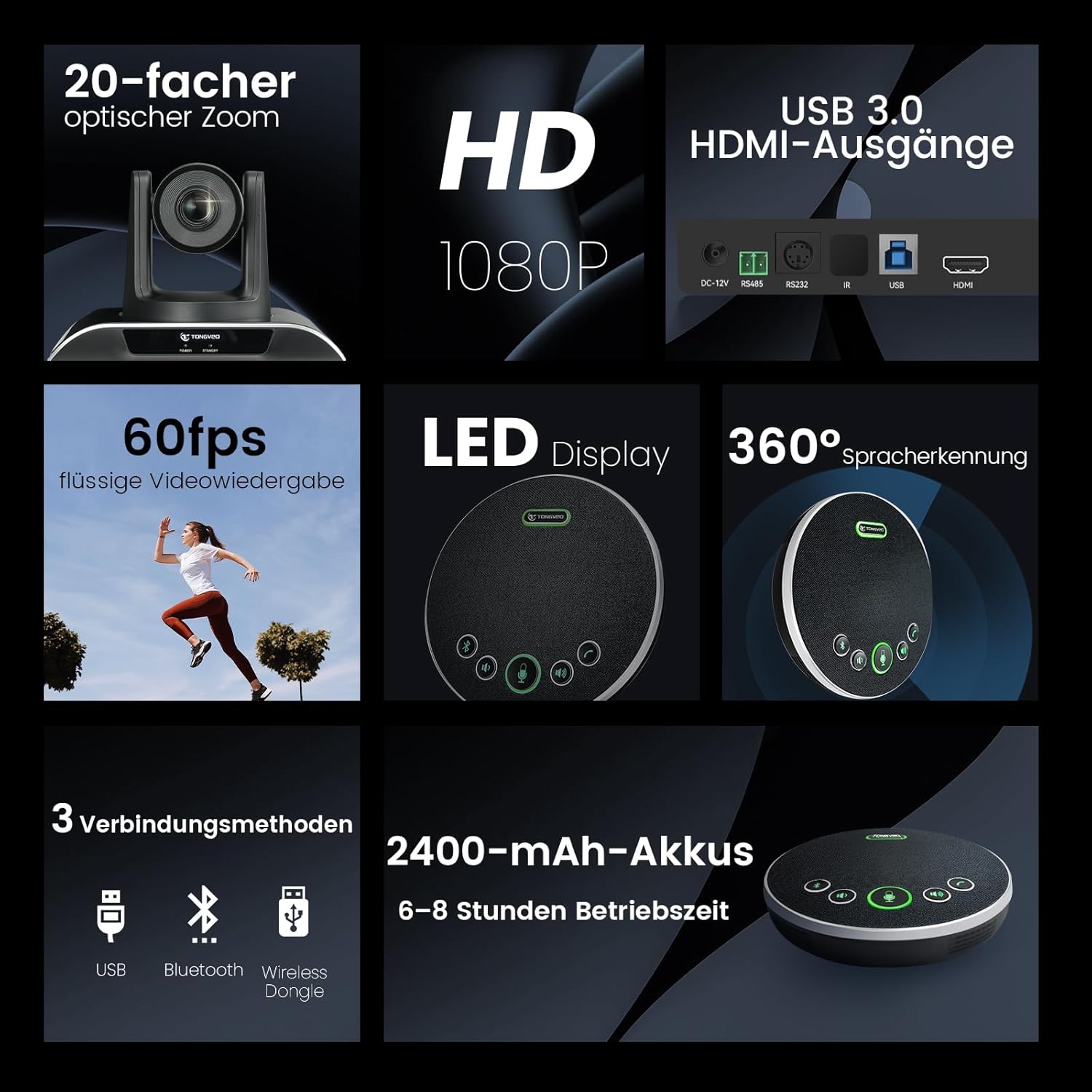 TONGVEO 20-facher Zoom Konferenzraum-Kamerasystem, Video und Audio konferenzsystem 20-facher optischer Zoom USB 3.0 HDMI PTZ-Kamera und Konferenzlautsprecher mit Mikrofon für große Besprechungsräume – Bild 3