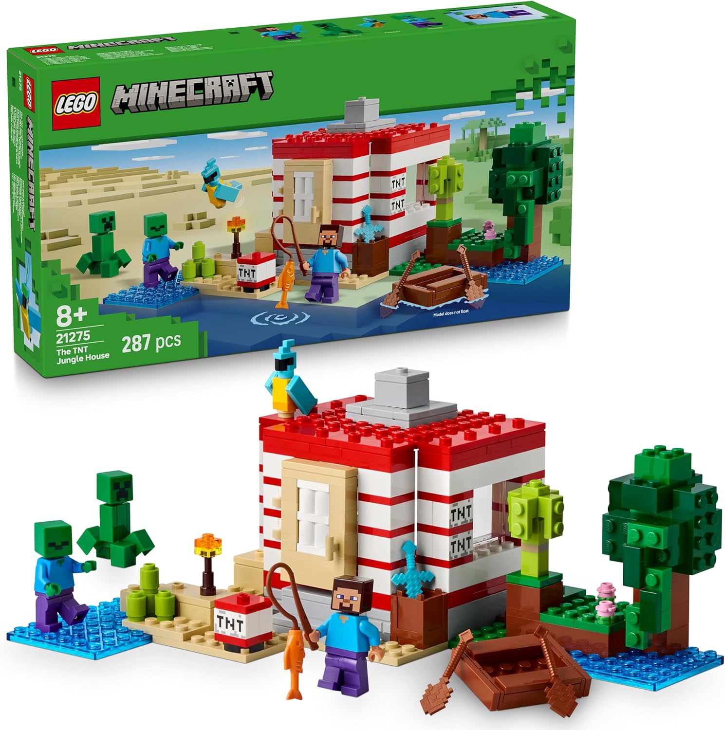 LEGO Minecraft Das TNT-Dschungelhaus - Gamer Spielzeug für Kinder - Interaktives Spielset mit Boot, Steve-, Creeper- und Zombie Minifiguren - Gaming Geschenk für Mädchen & Jungen ab 8 Jahren - 21275