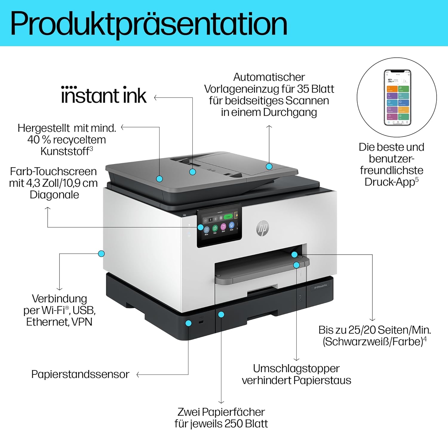 HP OfficeJet Pro 9132e Multifunction Printer, 3 Months Free Printing with HP Instant Ink Included, HP+, Printer, Scanner, Copier, Fax, Wi-Fi, LAN, Duplex, Airprint, Grey/White – Bild 3