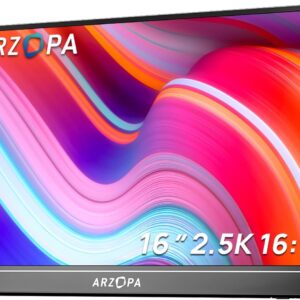ARZOPA 2.5K Portable Monitor, 16 Inch 2560 x 1600 HDR 500nits 8bit QHD USB-C HDMI Laptop Monitor, 16:10 IPS Eye Protection External Second Screen for Mac PC Phone PS4/5 Xbox Switch (Z1RC)