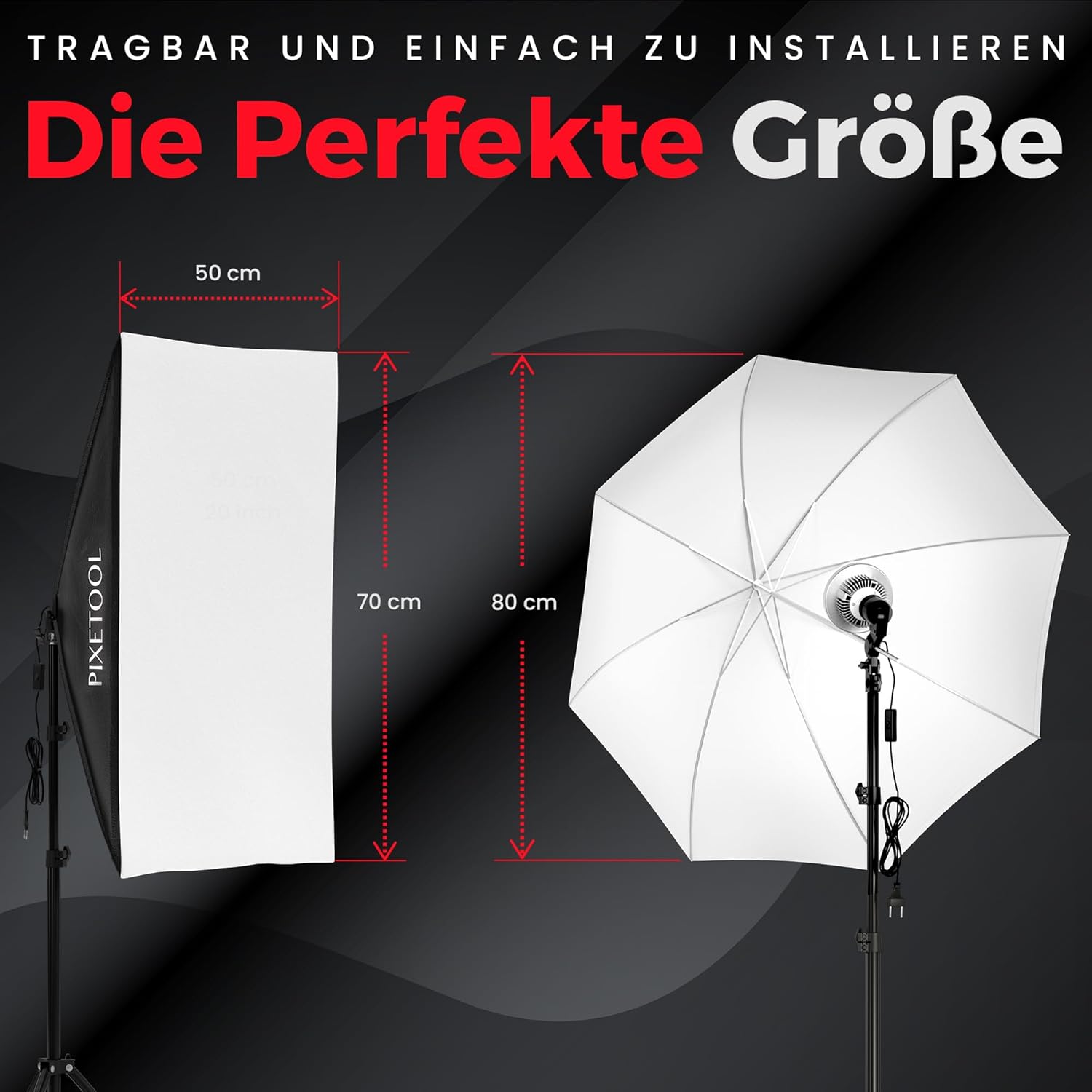 Streaming-Equipment - Photo Studio Set - 2 Softbox Lights, 2 Translucent Umbrellas, 2 LED Bulbs 4800 Lumen 3000-6000K - 50 x 70 cm Softboxes - Photo Light Video Light Photo Lamp - Light Streaming Video Photography Studio Light – Bild 5