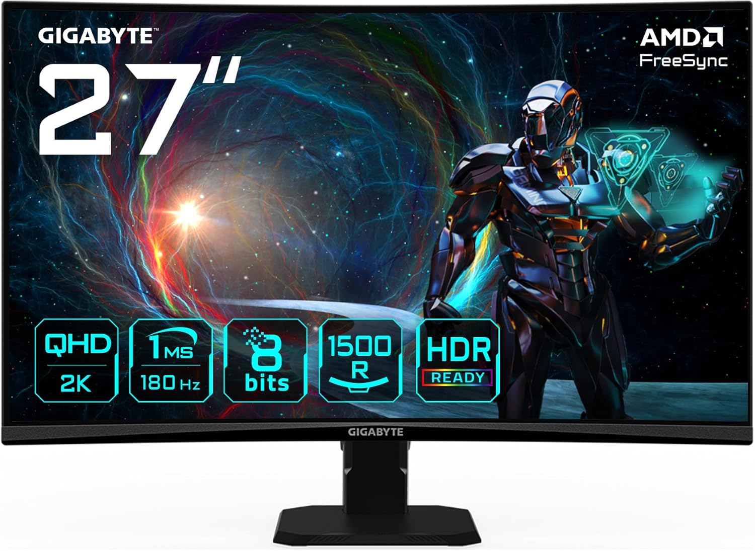 Gaming PC & Gaming Monitors - GIGABYTE GS27QCA 27" QHD Curved Gaming Monitor - 2560 x 1440, 180Hz, 1ms, 250cd/m², FreeSync, HDR Ready, HDMI 2.0, DisplayPort 1.4
