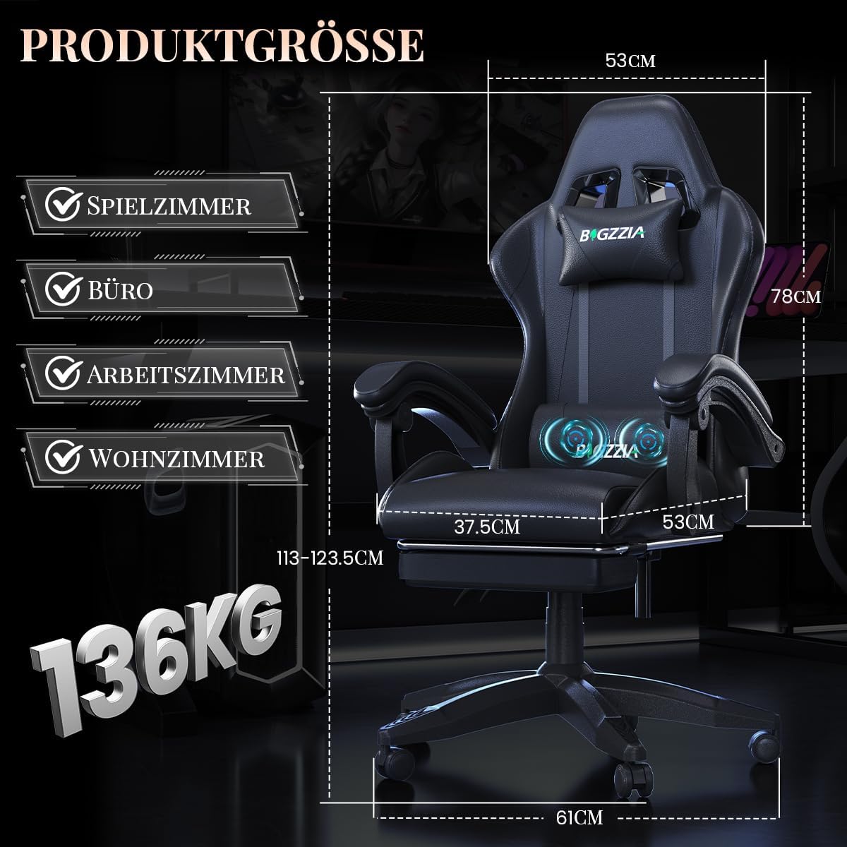 Gaming Chairs - bigzzia Gaming Chair with Massage Function and Footrest, Ergonomic Gaming Chair Adjustable Backrest 90-135°, Gaming Chair with Massage Lumbar Cushion and Headrest, Gamer Chair, Black – Bild 3