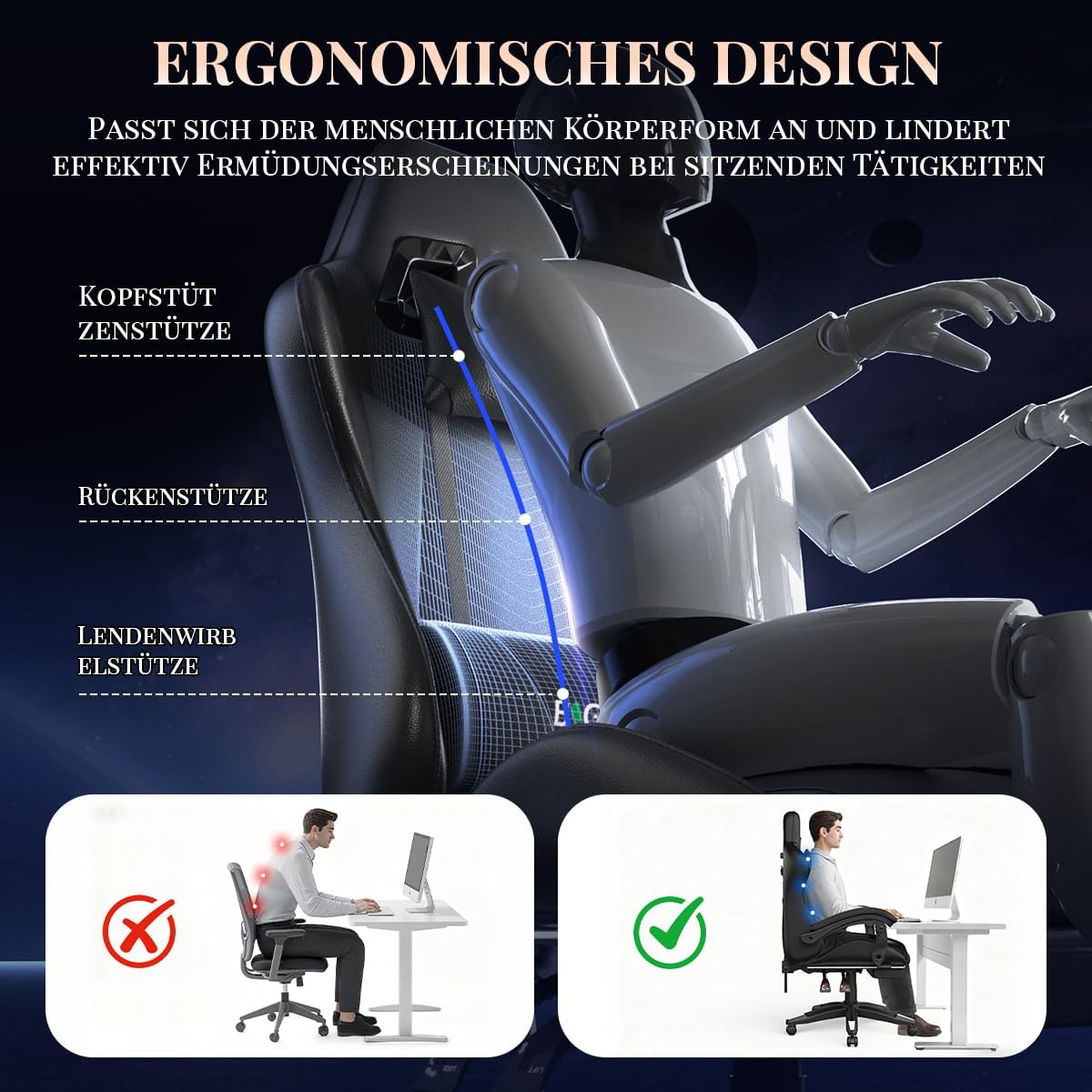 Gaming Chairs - bigzzia Gaming Chair with Massage Function and Footrest, Ergonomic Gaming Chair Adjustable Backrest 90-135°, Gaming Chair with Massage Lumbar Cushion and Headrest, Gamer Chair, Black – Bild 8