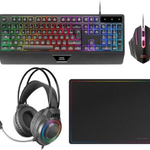 Gaming Tastatur & Maus – Mars Gaming MCP124PRO, Gaming Combo 4-in-1, RGB H-Mech Keyboard with Wrist Rest, RGB Mouse 3200DPI HUANO Switch, FRGB Headset, Nanotextile Mouse Pad 36 x 26 cm, Multiplatform, Portuguese, Black