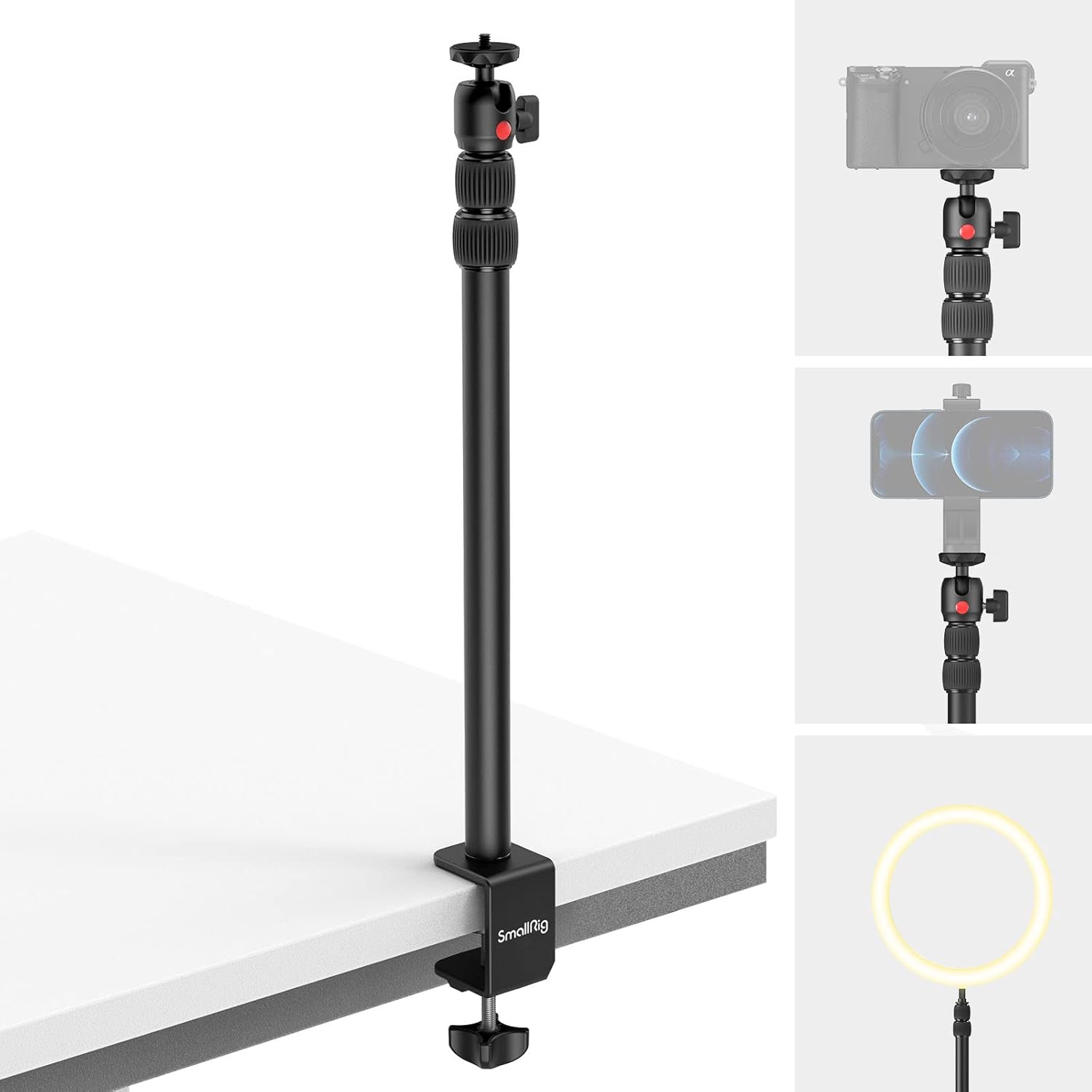 Streaming-Equipment - SMALLRIG 3488 Camera Light Stand Table Tripod Light Stand with 1/4"-20 Ball Head, 13"-35.4" Adjustable Tablet Holder, Clamp for DSLR Camera, Ring Light, Live Streaming, Video Recording