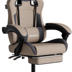 Gaming Chairs – SUKIDA Gaming Chair, Ergonomic Gaming Chair with Footrest, Racing Gaming Chair, Headrest, Adjustable Computer Chair, Height Adjustable, Lumbar Support for Home Office and Gaming, Beige