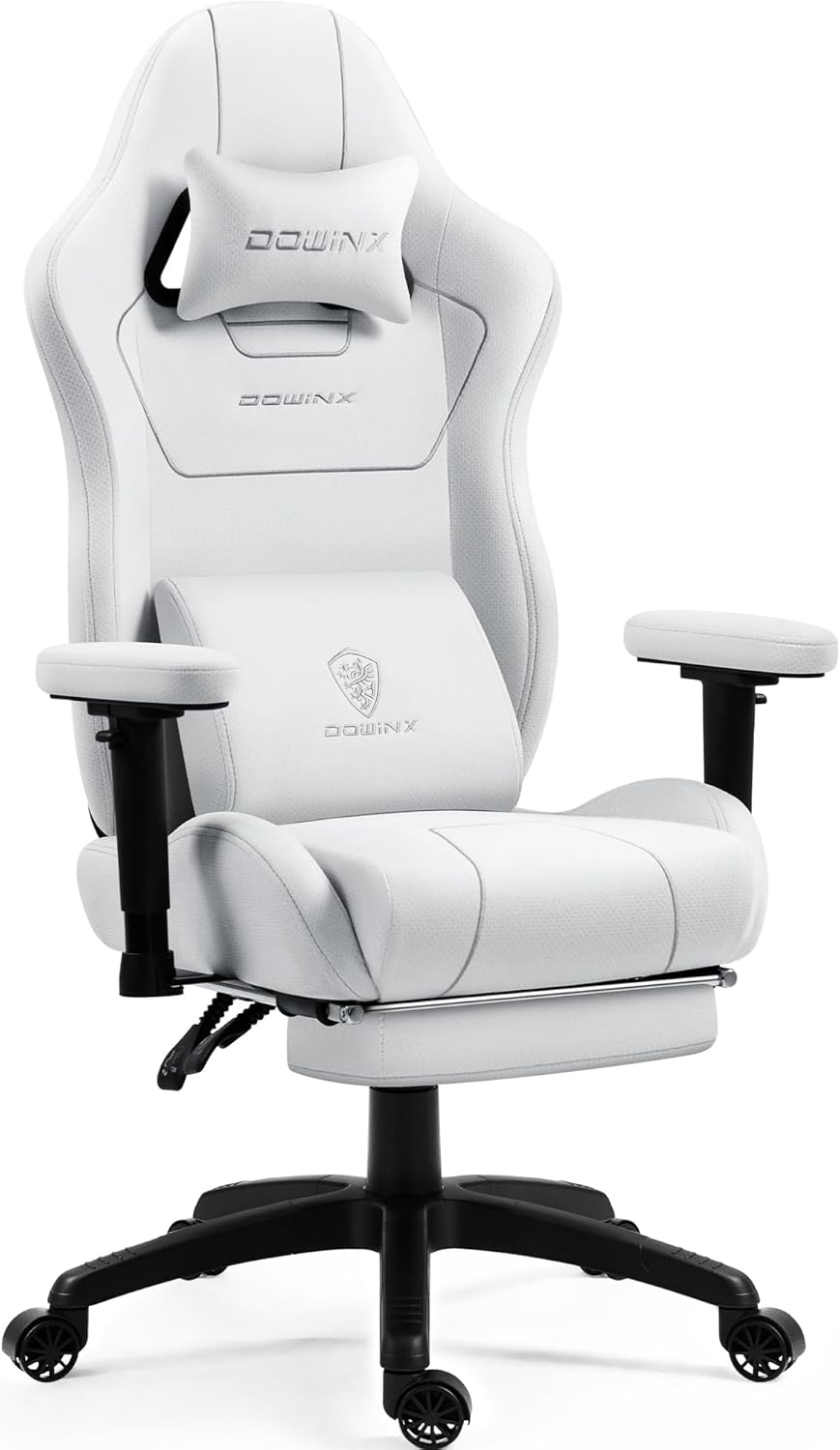 Gaming Chairs - Dowinx Gaming Chair Fabric with Pocket Spring Cushion, Ergonomic Gaming Chair with Massage Function, PC Office Chair Large and High with Footrests XXL, White