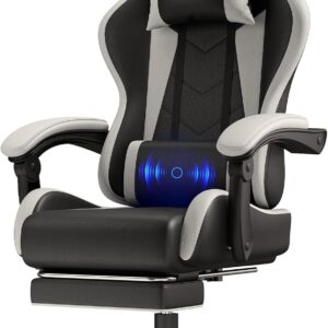 Gaming Chairs – JUMMICO Gaming Chair Massage, Office Chair Ergonomic with Massage Lumbar Cushion, Gamer Chair Adjustable Backrest 90-135° and Footrest, Gaming Chair 150 kg Load Capacity, White