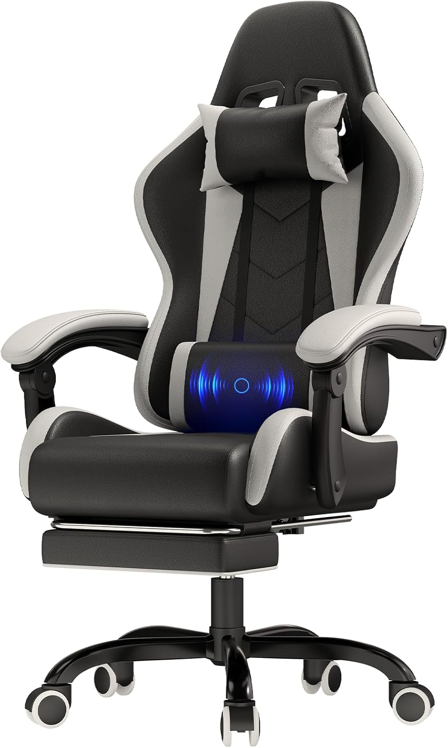 Gaming Chairs - JUMMICO Gaming Chair Massage, Office Chair Ergonomic with Massage Lumbar Cushion, Gamer Chair Adjustable Backrest 90-135° and Footrest, Gaming Chair 150 kg Load Capacity, White