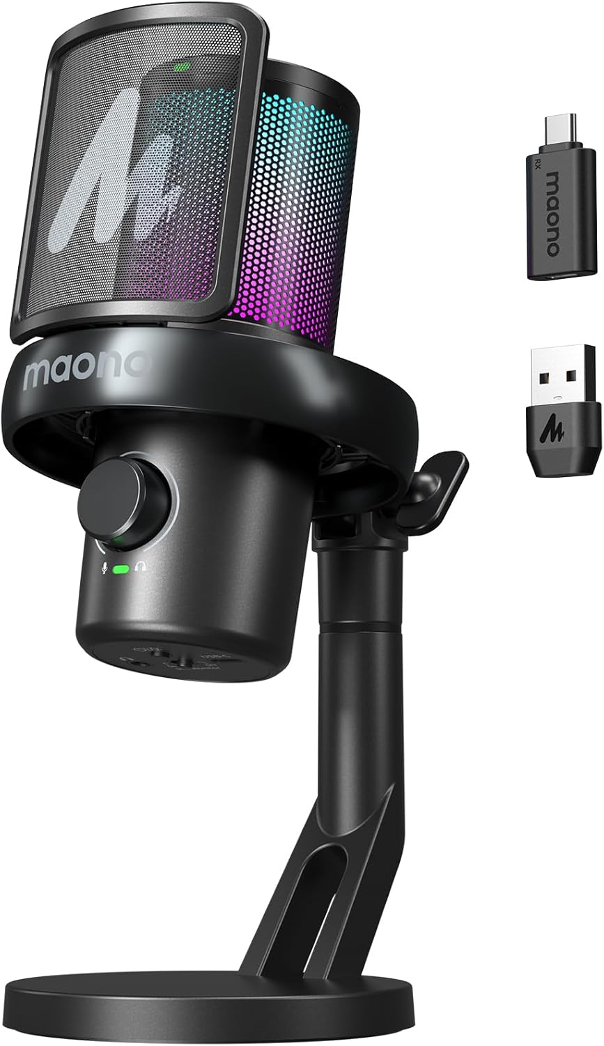 Streaming-Equipment - MAONO Wireless Microphone for PC, Microphone PC with Software AI Voice Change, 3-Stage Noise Reduction, Custom RGB Light, Mute for Gaming, Podcasting, Streaming, DM40 Pro Black