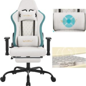 Gaming Chairs – WOLTU Massage Gaming Chair, Ergonomic Office Chair, Racing Chair Design, Headrest, Lumbar Massage, Footrest, Swivel Chair with Wheels, 150 kg Load Capacity, Tech Fabric, Blue + White