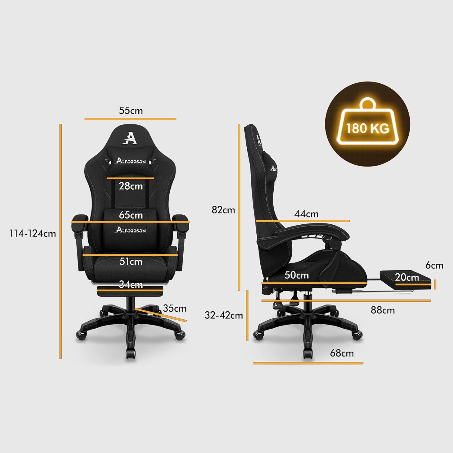 Gaming Chairs - ALFORDSON Office Chair, Gaming Chair, Massage Gaming Chair, Ergonomic Gamer Chair with Footrest, Headrest, Massage Lumbar Cushion, Padded, Swivel Chair Made of Linen Fabric, Black – Bild 2