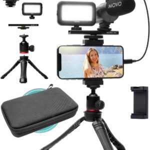 Streaming-Equipment – Movo iVlogger Vlogging Kit for iPhone – Lightning Compatible Video Vlogging Set – Accessories: Mobile Phone Tripod, Mobile Phone Holder, LED Light and Directional Microphone – YouTube Starter Set or