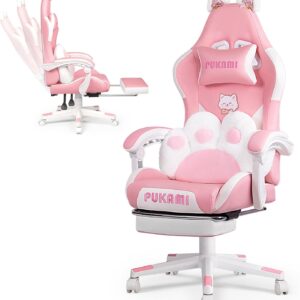 Gaming Chairs – Waleaf Gaming Chair with Cat Paw Lumbar Cushion and Cat Ears, Cute Gaming Armchair, Ergonomic Office Chair with Footrest, Adjustable Desk Chair for Children, Girls, Teenagers, 135 kg, Pink