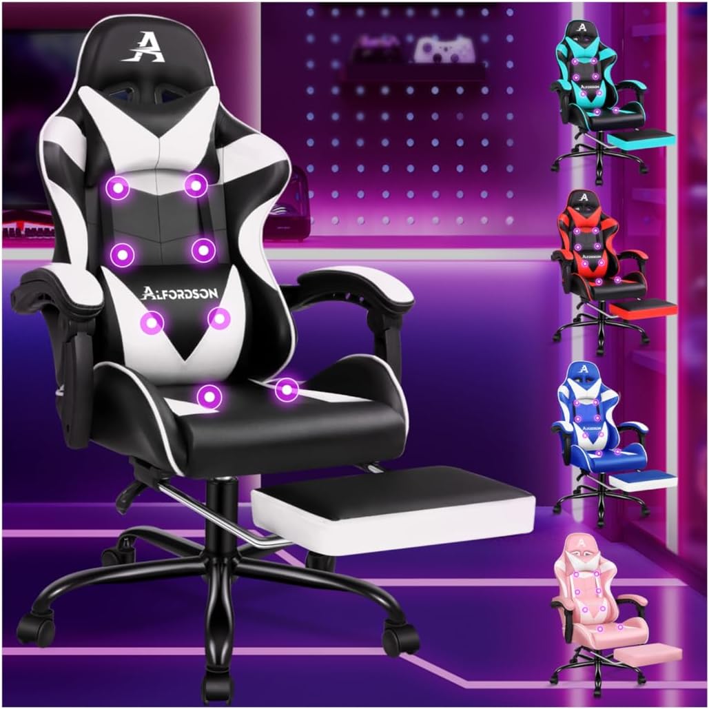 Gaming Chairs - ALFORDSON Gaming Massage Chair, Racing Chair with Headrest, Ergonomic Desk Chair, Recliner Chair, Folding Footrest, Breathable PU Leather, Height Adjustable, 180kg Load Capacity, White