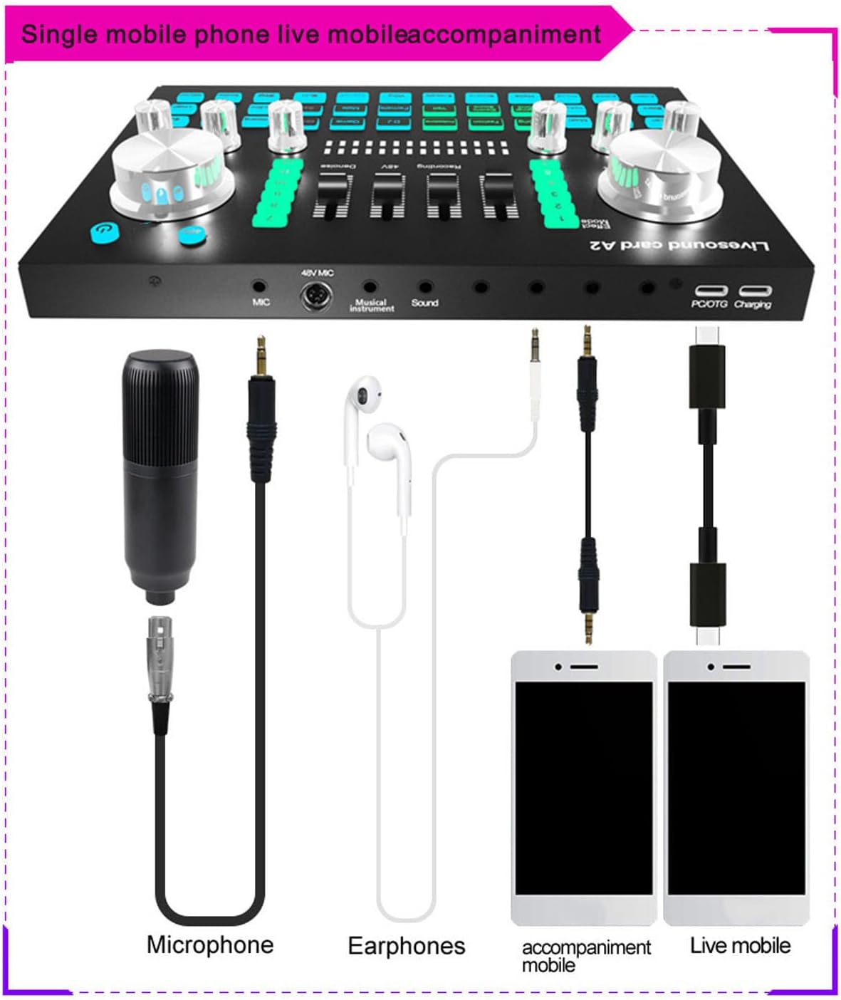 Streaming-Equipment - Dilwe Live-Soundkarte, Audio-Mixer, Leicht, Tragbar, 48 V, PC-Mobiltelefon für Streaming, Aufnahme, Studio, Outdoor-Auftritte – Bild 5
