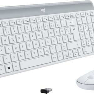 Gaming Tastatur & Maus – Logitech MK470 Combo Slim Wireless Keyboard and Mouse set, 2.4 GHz connection via nano USB receiver, 10m range, 18-month battery life, PC / laptop, German QWERTZ layout – off-white / White