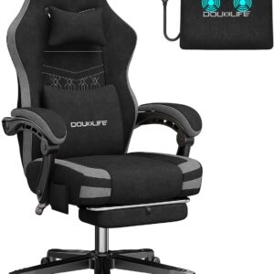 Gaming Chairs – Douxlife Gaming Chair Fabric with Massage, Widened Seat Cushion with Pocket Springs, Ergonomic Office Chair, PC Gamer Chair with Footrest and Metal Feet, 158 kg Load Capacity, Grey