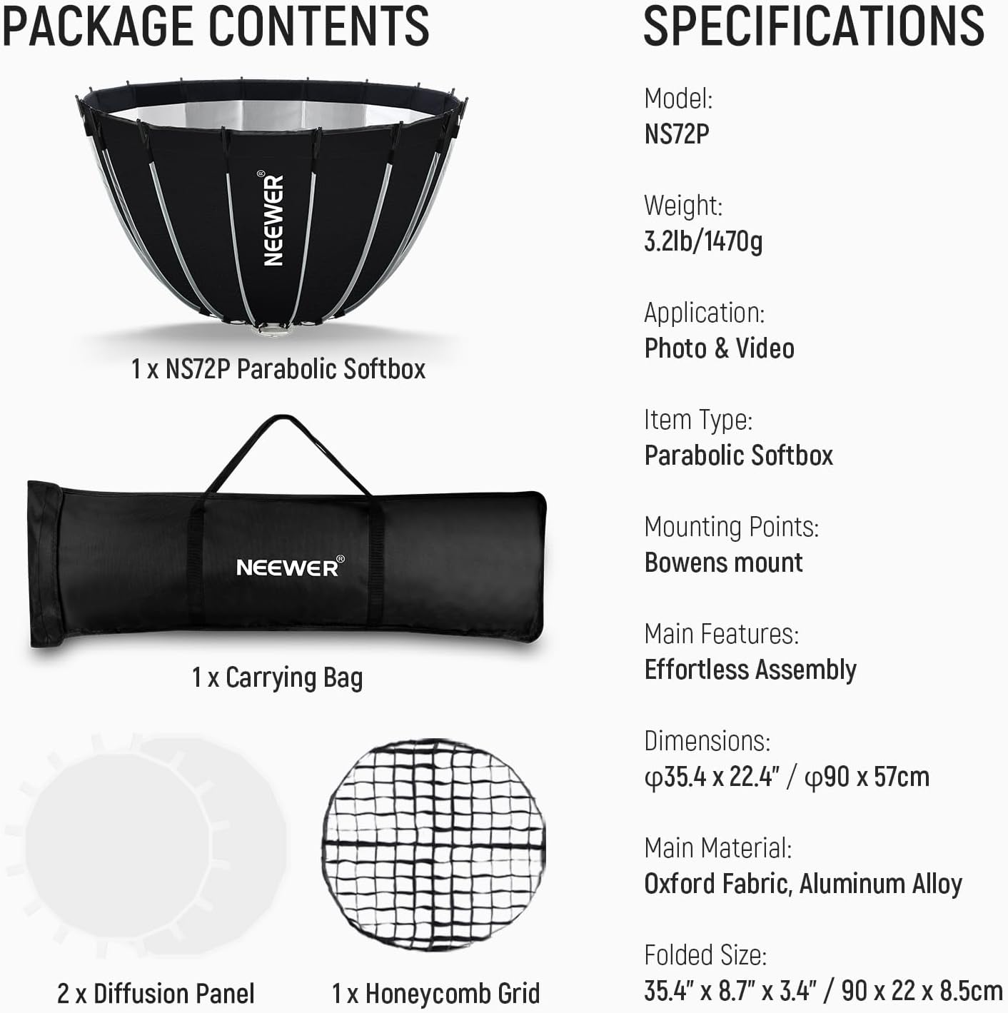 Streaming-Equipment - NEEWER Parabol Softbox Set, 35.4 Inch Softboxes with Bowens Mount and Light Diffusers for Studio, Video, Streaming Lighting, Compatible with Aputure 120d, Compatible with Godox SL60w, NS72P – Bild 9