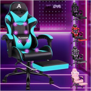 Gaming Chairs – ALFORDSON Gaming Massage Chair, Racing Chair with Headrest, Ergonomic Desk Chair, Recliner Chair, Folding Footrest, Breathable PU Leather, Height Adjustable, 180kg Load Capacity, Cyan