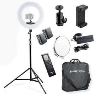 Streaming-Equipment – Walimex pro Medow 960 Pro LED Ring Light Set Including Tripod & NP-F Batteries, Bi-Colour Ring Light, Dimmable Video Light with Remote Control 96 W, Lamp Tripod with Spring Damping