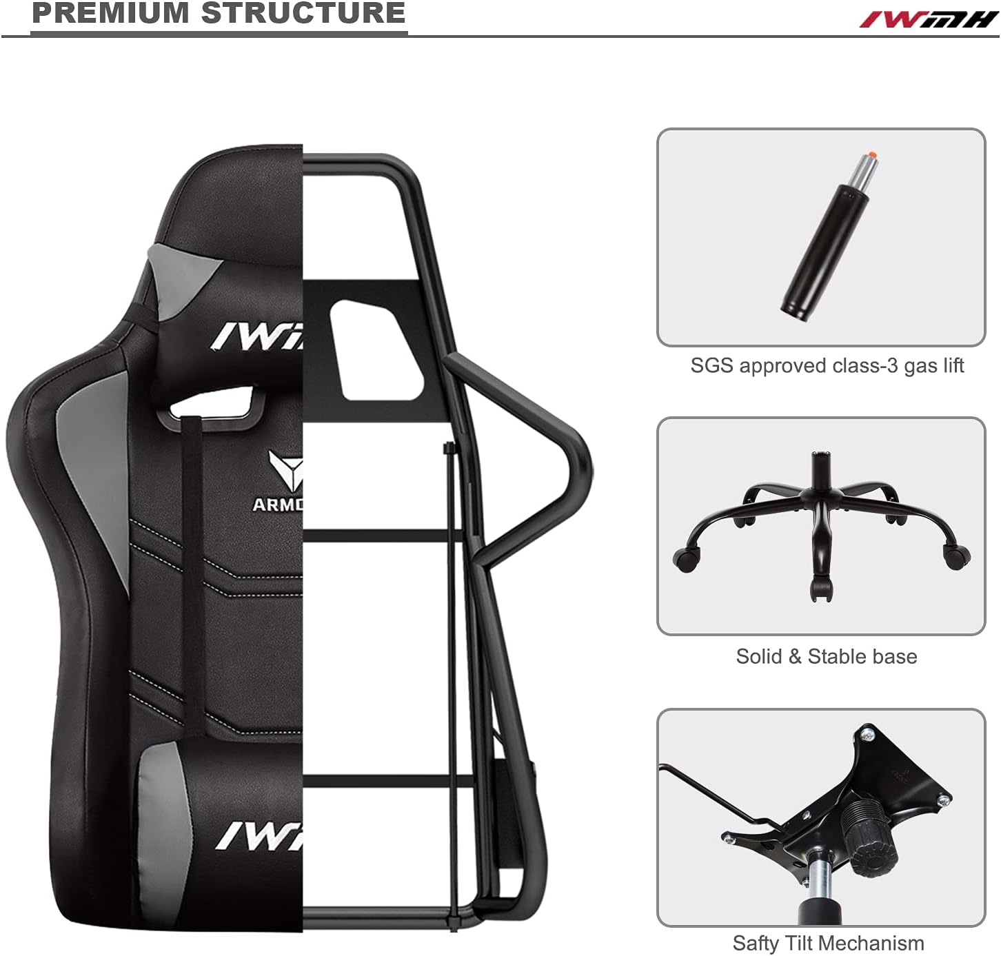 Gaming Chairs - IWMH Gaming Chair, Ergonomic Computer Chair with High Backrest, Height-Adjustable Swivel Chair, Racing Chair with Armrests, Adjustable Headrest and Lumbar Support (Grey) – Bild 6