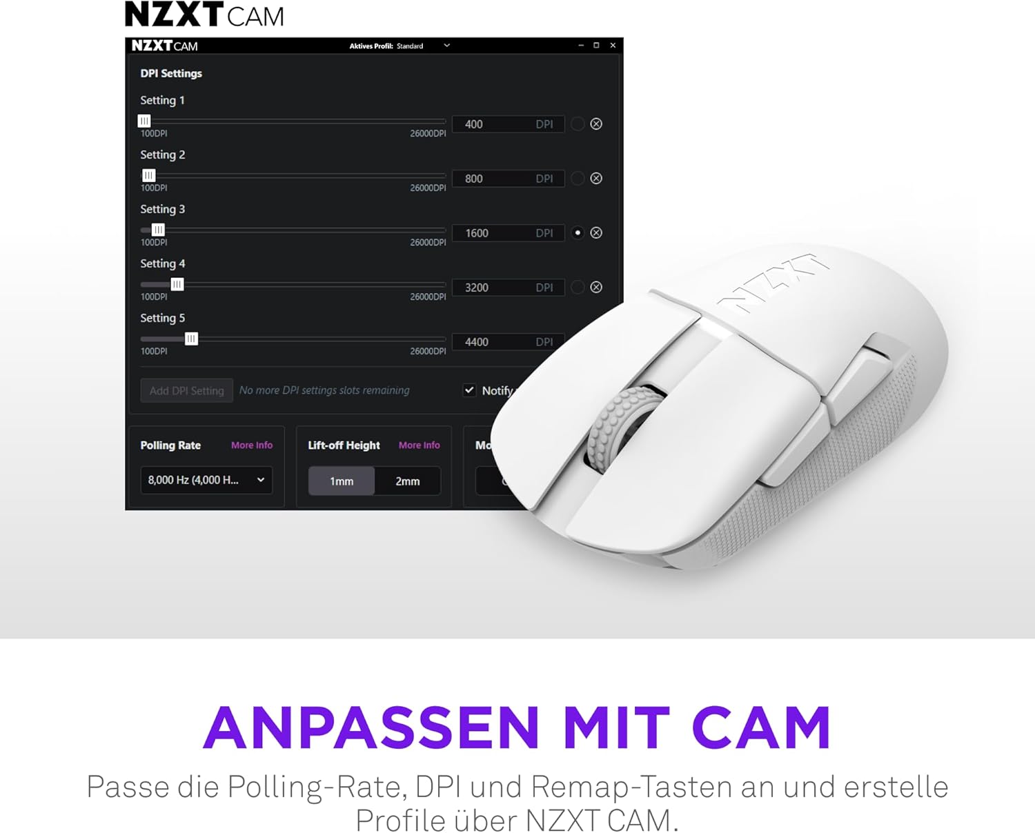 Gaming Tastatur & Maus - NZXT Lift Elite Wireless Gaming Mouse - Ultra Lightweight: 57g - 4K / 8K Polling Rate - Optical Switch, Optical Sensor with 26K DPI - Long Battery Life - Rubber Side Grips - White – Bild 9