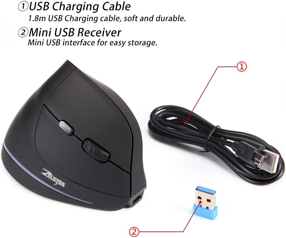 Gaming Tastatur & Maus - zelotes Wireless Rechargeable Mouse, 2400 DPI, 6 Buttons Vertical Wireless Mouse with USB Receiver, USB Ergonomic Wireless Mouse, Wireless Mouse for Laptop, PC, Mac – Bild 8