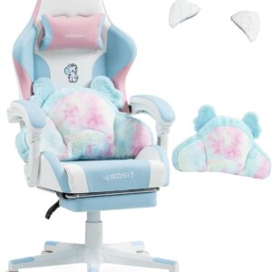 Gaming Chairs – Gaming Chair Cute with Ears and Kawaii Cushion, Ergonomic Computer Game Chair for Girls with Lumbar Support and Footrest, Comfortable Reclining PC Gamer Chair for Teenagers (Blue Pink)