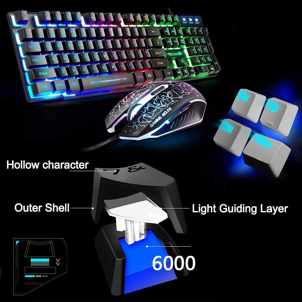 Gaming Tastatur & Maus - Keyboard and Mouse Set, UK Layout Ergonomic Rainbow Backlit Gaming Keyboard + 2400 DPI 6 Optical Keys, Gaming Mouse USB, Rainbow LED + Free Mouse Pad – Bild 3