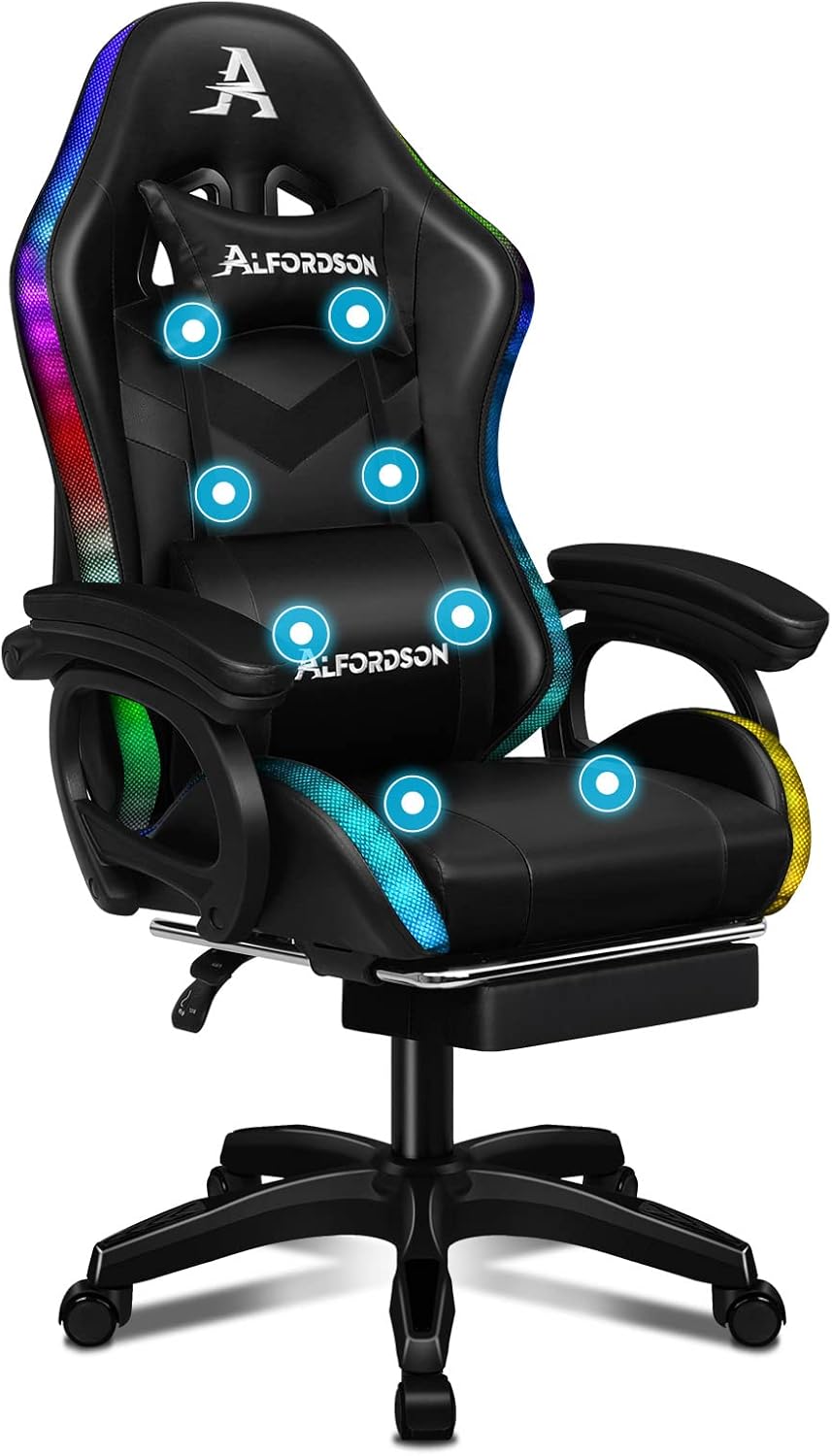 Gaming Chairs - ALFORDSON Gaming Chair with 8-Point Massage 12 Colours RGB LED Light, Office Chair Ergonomic with Footrests, Headrest Lumbar Cushion for Children Adults, Black – Bild 9