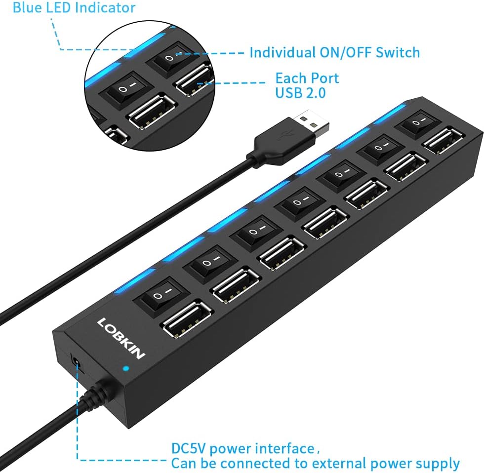 Streaming-Equipment - LOBKIN USB Hub 7-Port Portable USB 2.0 Hub with Single LED Power Switches for Laptop, PC, MacBook and Other USB Devices – Bild 5