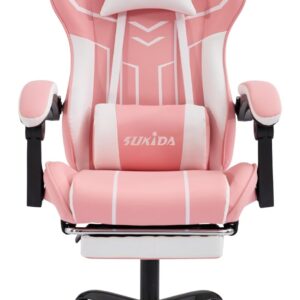 Gaming Chairs – SUKIDA Gaming Chair Computer Chair Ergonomic Gaming Chair with Footrest Office Chair Ergonomic Computer Chair with Lumbar Support Pink White