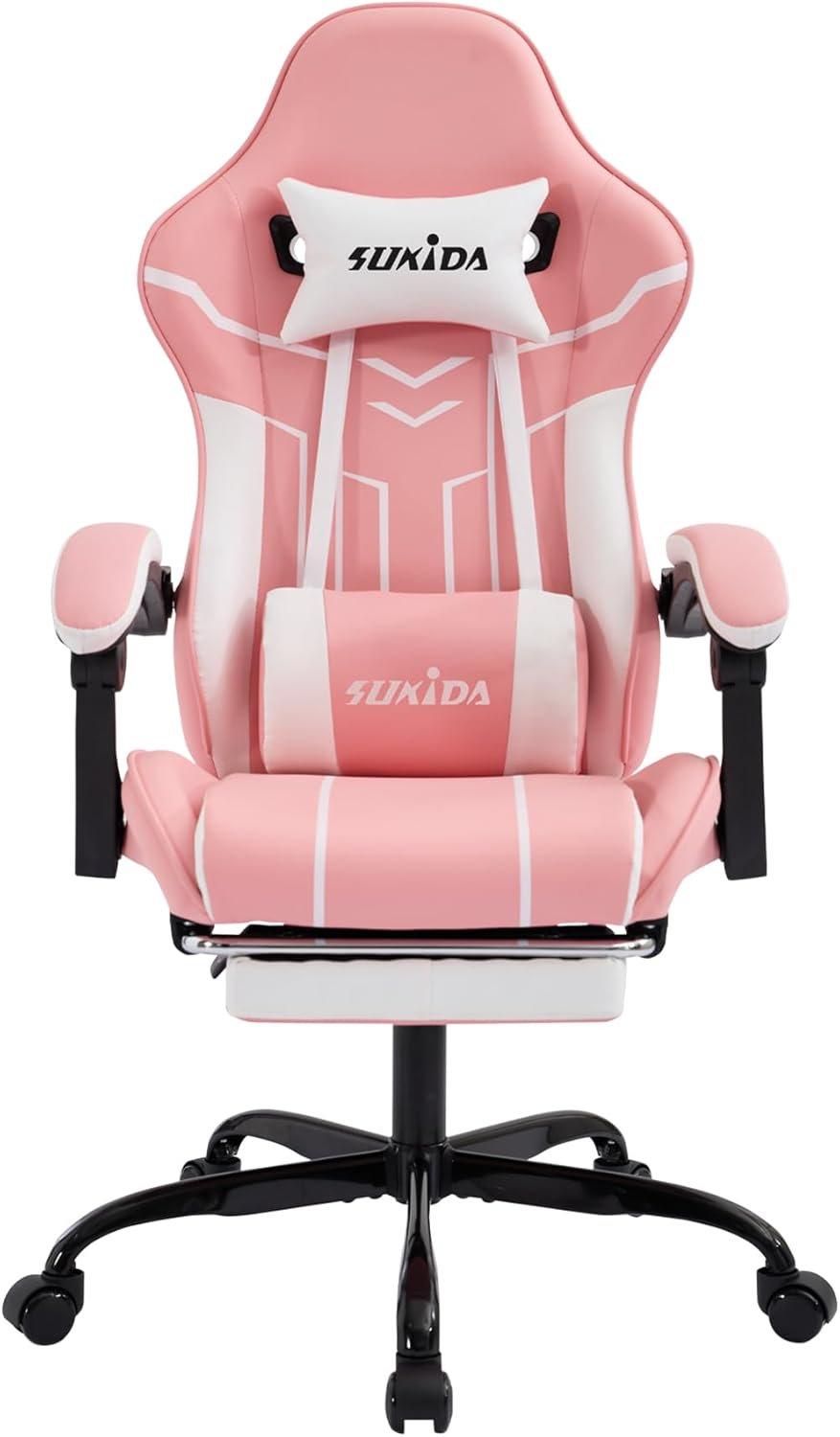 Gaming Chairs - SUKIDA Gaming Chair Computer Chair Ergonomic Gaming Chair with Footrest Office Chair Ergonomic Computer Chair with Lumbar Support Pink White