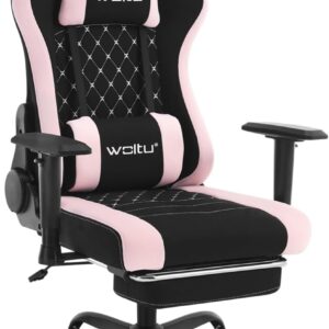 Gaming Chairs – WOLTU Massage Gaming Chair, Ergonomic Office Chair, Racing Chair Design, Headrest, Lumbar Massage, Footrest, Swivel Chair with Wheels, 150 kg Load Capacity, Mesh, Black + Pink