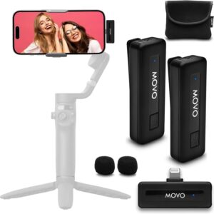 Streaming-Equipment – Movo Wireless Mini-Duo Ultra Compact Dual Microphone for iPhone – Clip-On Lavalier, 10 Hours Battery, 50 m Range, Noise Cancellation, Lightning – for Video Recording