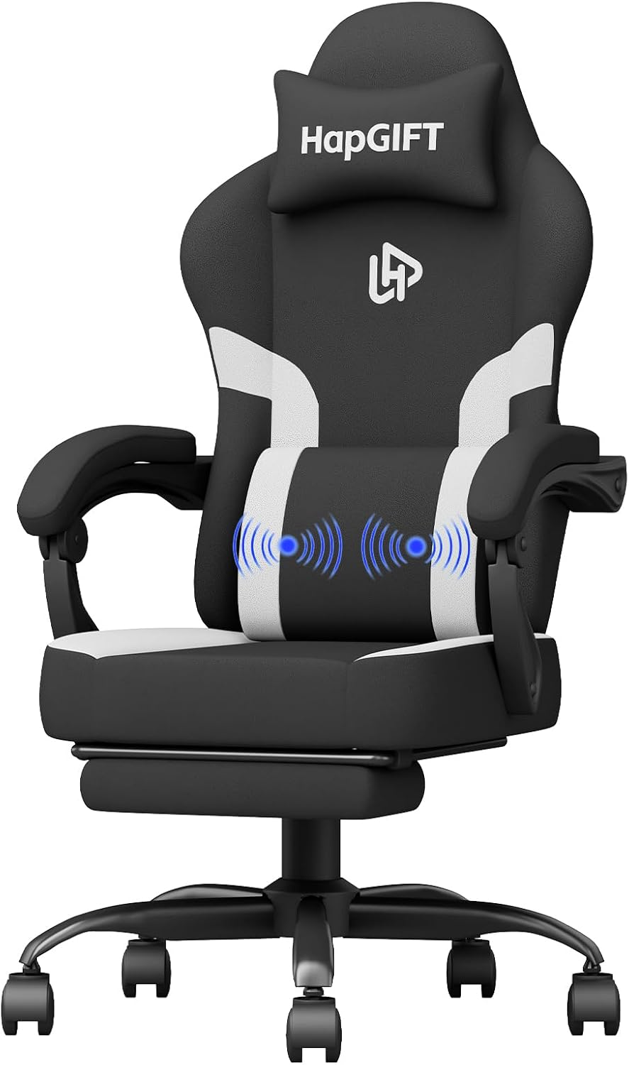 Gaming Chairs - HapGIFT Gaming Chair, Gamer Chair with Massage Function, Gaming Chair with Footrest, PC Chair with Adjustable Backrest, Technical Fabric Computer Office Chair for Teenagers, 150 kg, Black White