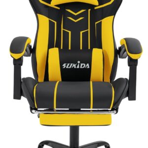 Gaming Chairs – SUKIDA Gaming Chair Computer Chair Ergonomic Gaming Chair with Footrest Office Chair Ergonomic Computer Chair with Lumbar Support Black Yellow