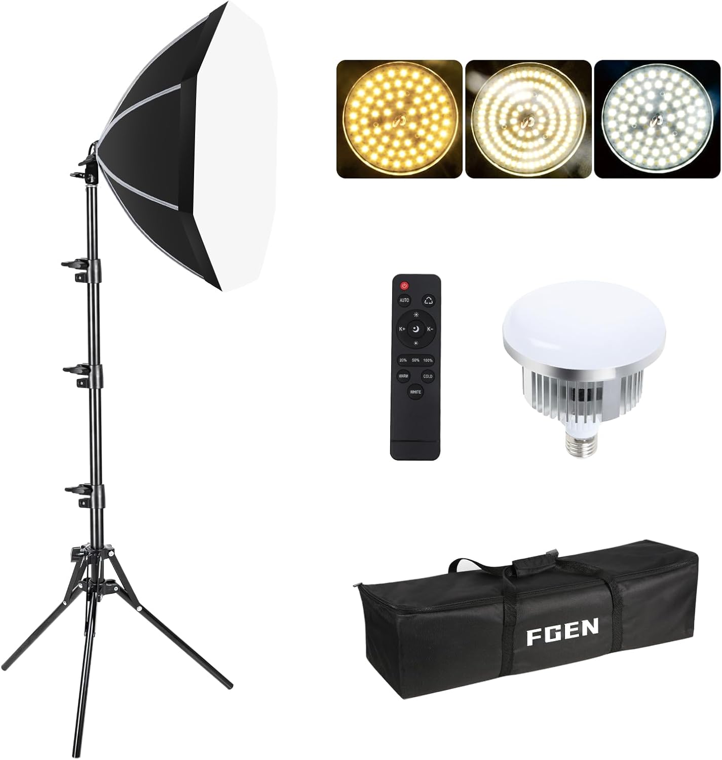 Streaming-Equipment - FGen Softbox Photo Studio Set, 50 cm Octagonal Soft Box with 85 W 2700-6400 K Adjustable LED Lamps, 150 cm Adjustable Light Stand for YouTube, Tiktok Video Recording, Game Streaming (1 Pack)