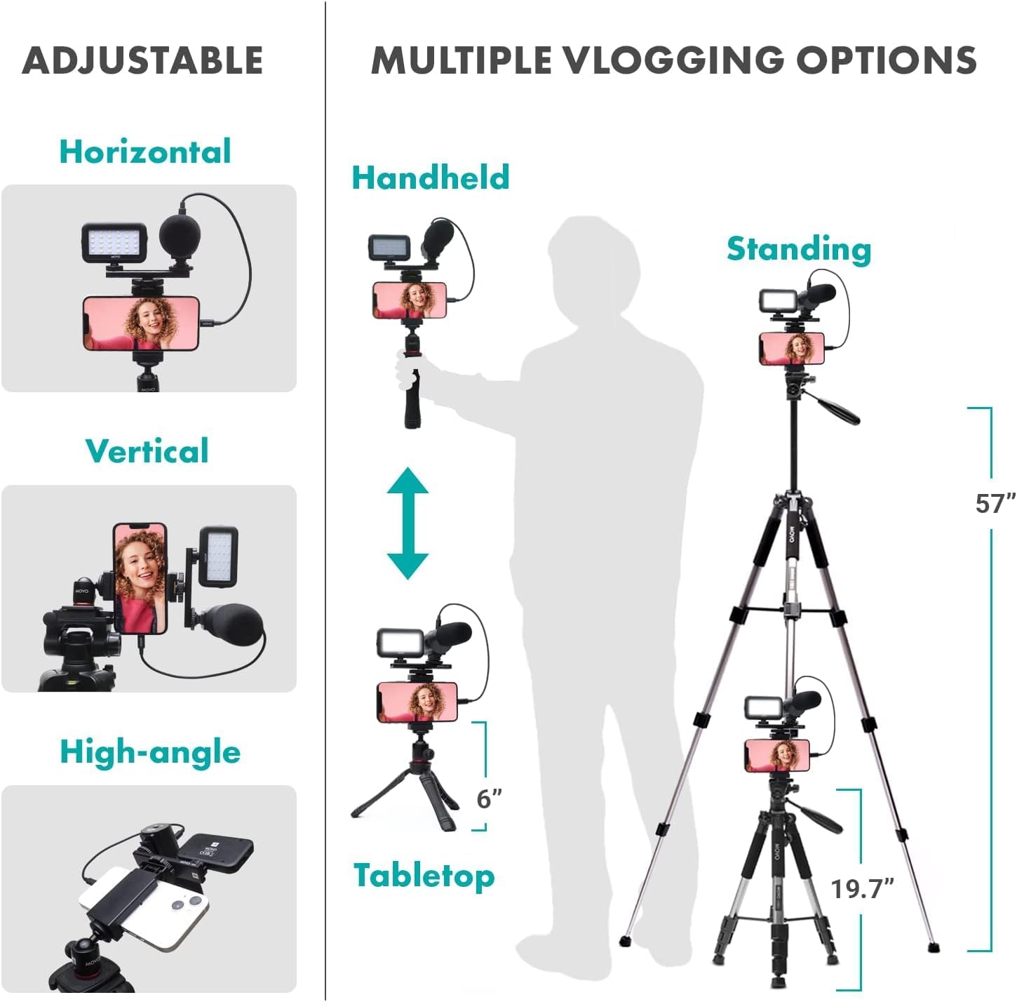 Streaming-Equipment - Movo iVlogger iPhone,Android Compatible Vlogging Kit with Full Size Tripod - Mobile Phone Video Kit Accessories: Tripods, Phone Holder, Video, Vlogging Recording – Bild 6