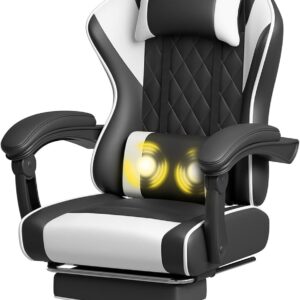 Gaming Chairs – JUMMICO Gaming Chair, Desk Chair with Massage Function, Office Chair Ergonomic with Footrest, 150 kg, White