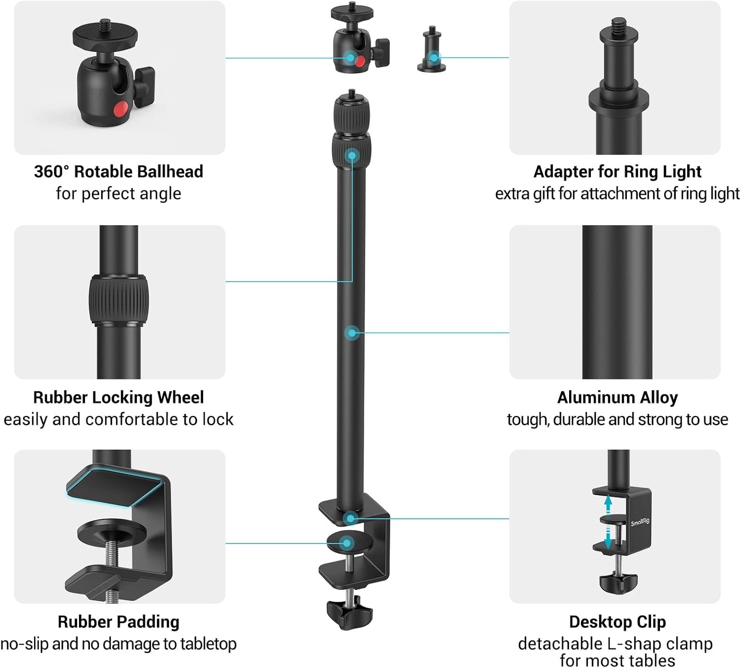 Streaming-Equipment - SMALLRIG 3488 Camera Light Stand Table Tripod Light Stand with 1/4"-20 Ball Head, 13"-35.4" Adjustable Tablet Holder, Clamp for DSLR Camera, Ring Light, Live Streaming, Video Recording – Bild 7