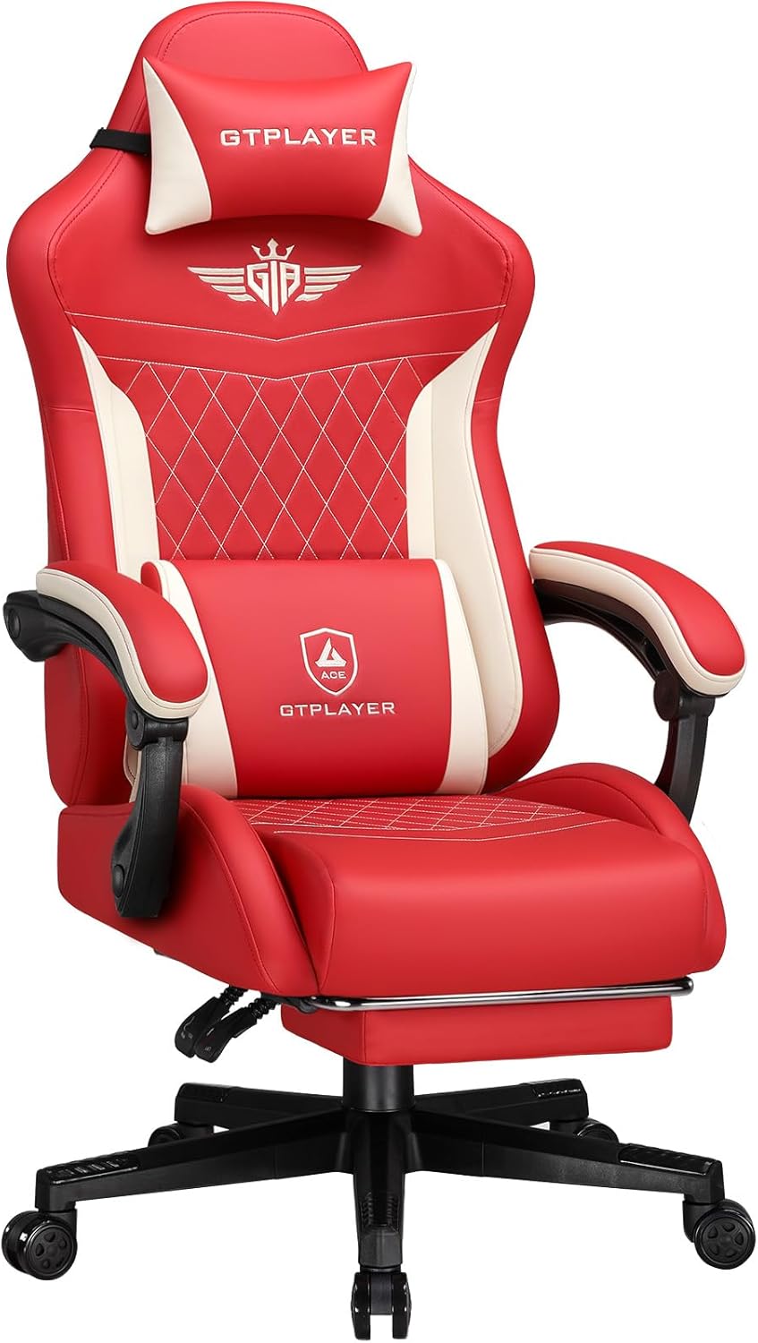 Gaming Chairs - GTPLAYER Gaming Chair, Ergonomic Gamer Chair Made of PU Leather with Lumbar Support, PC Chair with Widened Backrest, Maximum Load 150 kg, Red