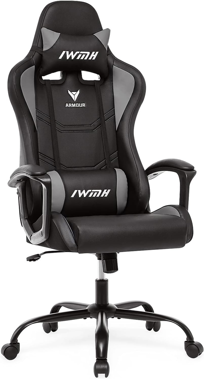 Gaming Chairs - IWMH Gaming Chair, Ergonomic Computer Chair with High Backrest, Height-Adjustable Swivel Chair, Racing Chair with Armrests, Adjustable Headrest and Lumbar Support (Grey)