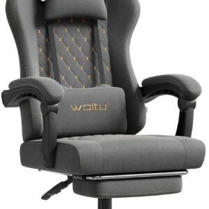 Gaming Chairs – WOLTU Gaming Chair with Massage Function, Computer Chair Ergonomic, Pocket Spring Cushion, Lumbar Massage, Pillow, Footrest, Swivel Chair, 150 kg, Tech Fabric, Grey + Yellow