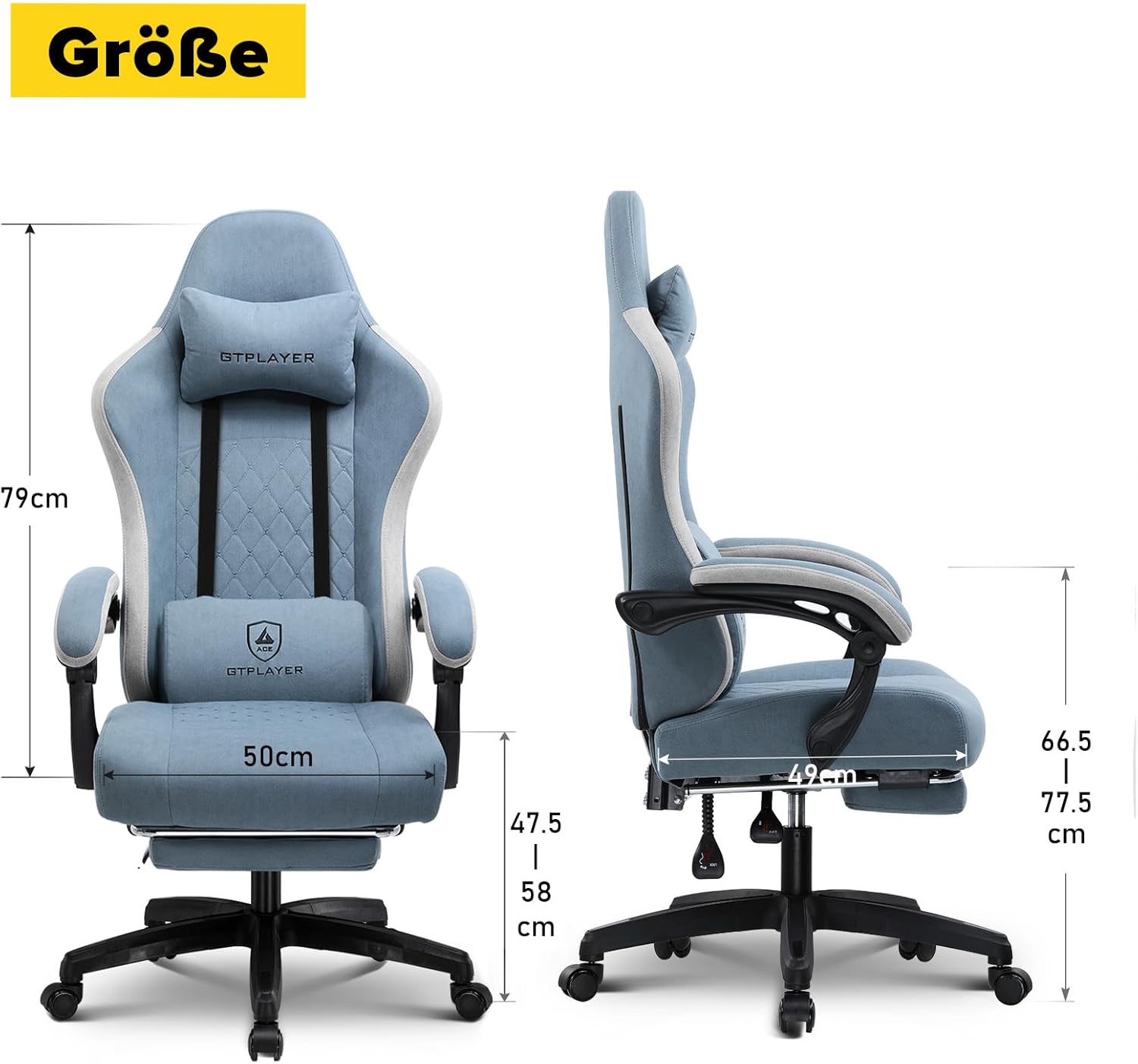 Gaming Chairs - GTPLAYER Gaming Chair, Ergonomic Gaming Chair, Desk Chair with Fabric Surface, Spring Seat Cushion, Connecting Armrests and Footrest, Light Blue – Bild 3